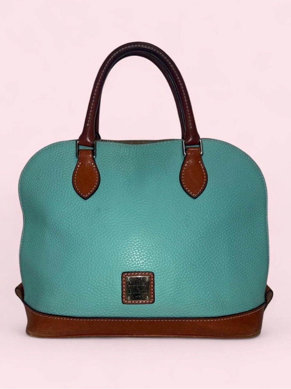 Dooney & Bourke Turquoise Leather Satchel with Brown Trim and Handles